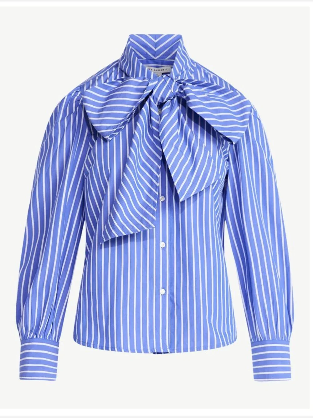 Free Assembly Blue Striped Tie Neck Cotton Long Puff Sleeve Blouse S - Picture 3 of 5